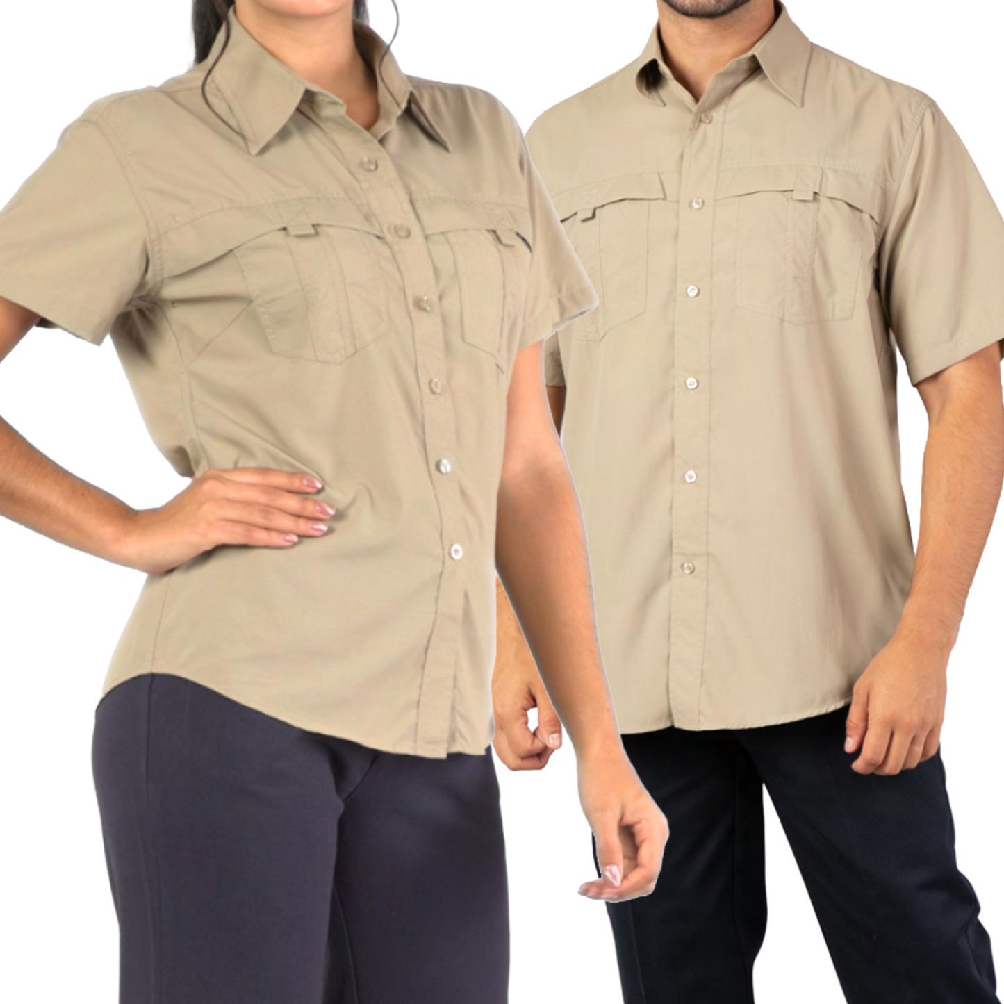 Imagen dividida que muestra a una mujer (izquierda) y un hombre (derecha) modelando una camisa de trabajo táctica de manga corta en color caqui para uniformes corporativos. Ambos modelos visten pantalones oscuros. La camisa tiene dos bolsillos en el pecho y está lista para ser personalizada con un acabado de bordado de alta precisión en la tetilla (sobre el bolsillo izquierdo), ideal para uniformar equipos de trabajo de empresas en Panamá. La imagen tiene un borde azul claro y una línea divisoria vertical.