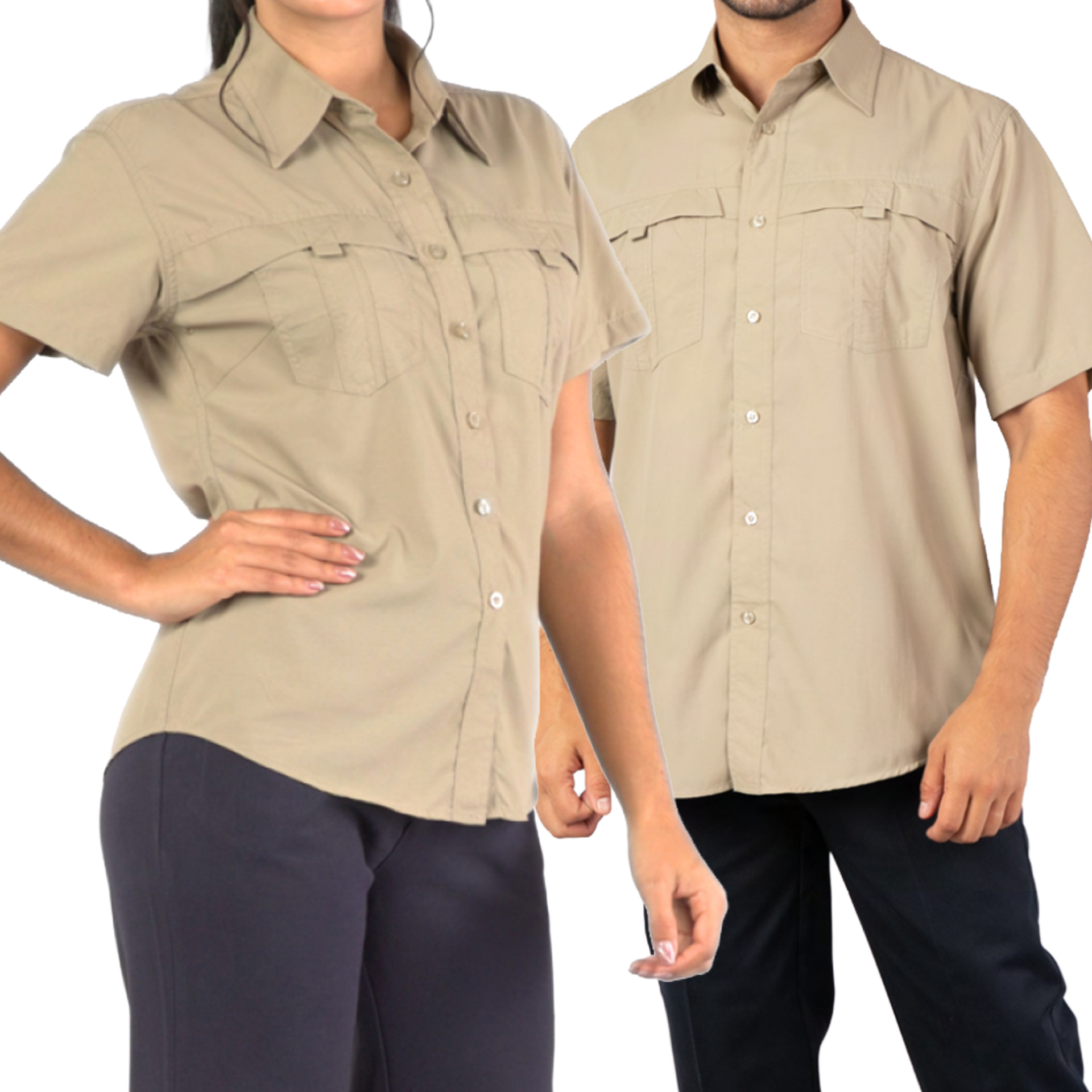 Imagen dividida que muestra a una mujer (izquierda) y un hombre (derecha) modelando una camisa de trabajo táctica de manga corta en color caqui para uniformes corporativos. Ambos modelos visten pantalones oscuros. La camisa tiene dos bolsillos en el pecho y está lista para ser personalizada con un acabado de bordado de alta precisión en la tetilla (sobre el bolsillo izquierdo), ideal para uniformar equipos de trabajo de empresas en Panamá. La imagen tiene un borde azul claro y una línea divisoria vertical.
