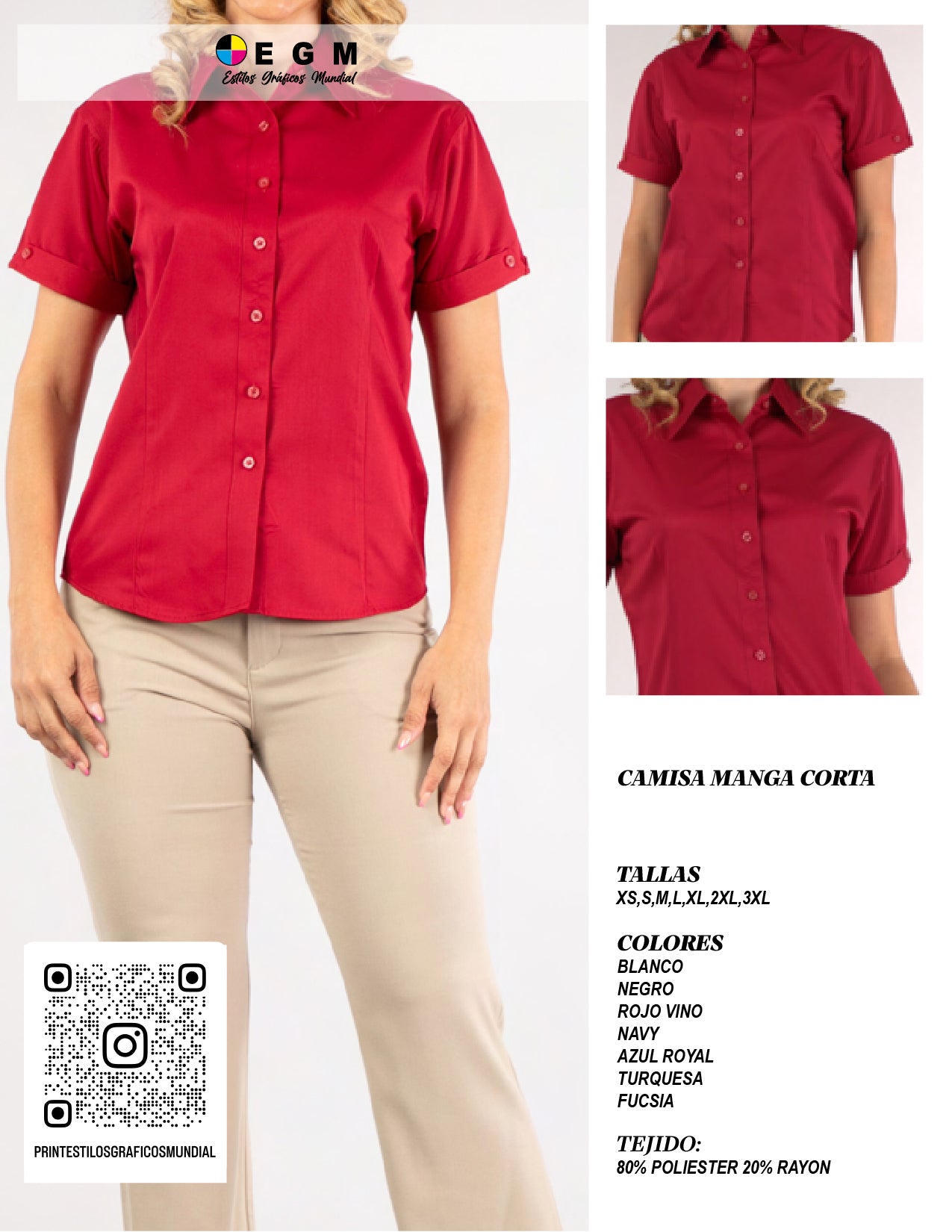 Camisa ejecutiva de manga corta color rojo vino para mujer, ideal para uniformes corporativos con logo bordado personalizado en el pecho.
