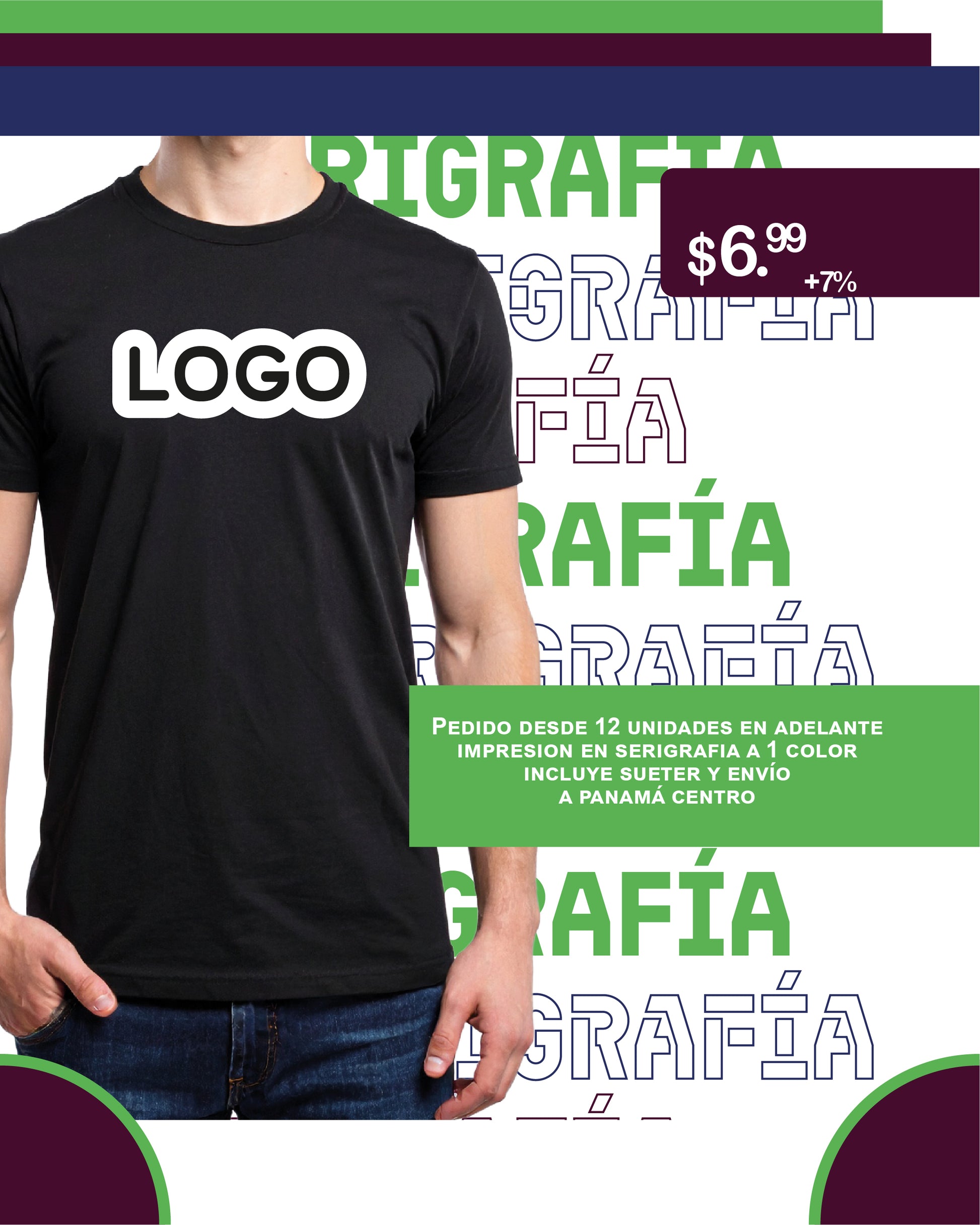 Camiseta promocional personalizada con logo en serigrafía para empresas en Panamá. Oferta de $6.99 por unidad para pedidos desde 12 unidades, incluye suéter, impresión a un color y envío a Panamá Centro.